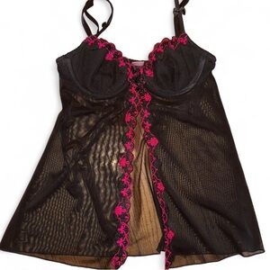 Beautiful Black Mesh and Pink Lace Babydoll Top